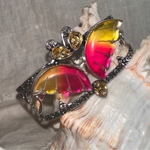 Exotic Tourmaline bi-color butterfly with etched detail & Citrine Quartz cuff
